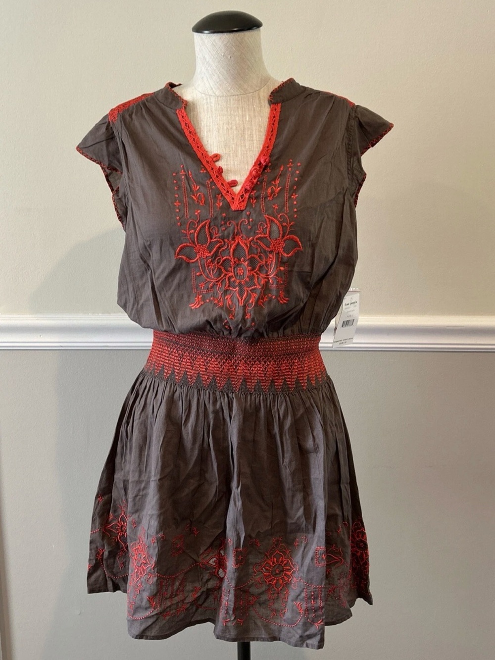 Free People Bohemian Brown And Coral Embroidered Mini Dress
